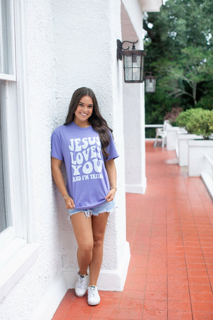 Jesus Loves You and I’m Trying Violet Tee